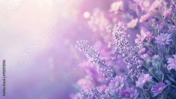 Fototapeta Sunlit Lavender Field: A soft, dreamy image of a field of lavender bathed in warm sunlight, perfect for creating a peaceful, serene, and romantic atmosphere. 