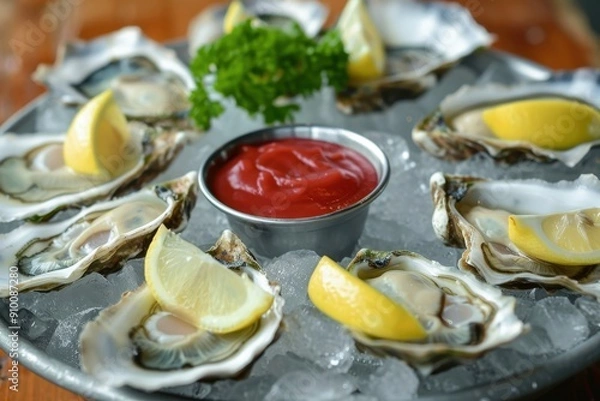 Fototapeta A platter of fresh oysters on the half shell, served on ice with lemon wedges, cocktail sauce, and mignonette