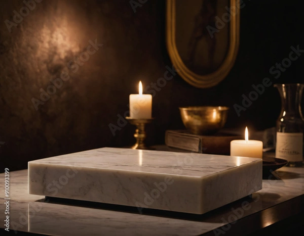 Obraz A copy space for displaying products on a neutral marble tabletop in a dark room at night.