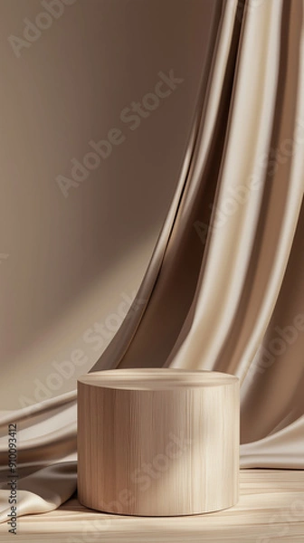 Fototapeta Luxury cosmetic product presentation and advertisement. brown background with empty wooden pedestal and beige silk curtains fluttering in the wind.