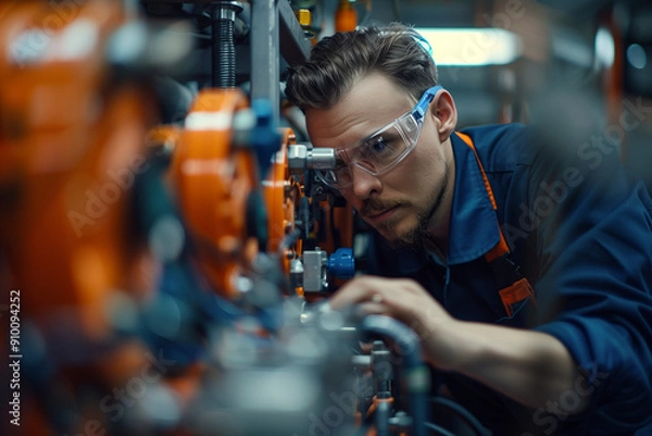 Obraz A male worker in blue overalls and safety glasses working on an engine