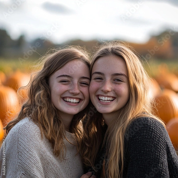 Obraz Two friends smiling at a pumpkin patch with fall foliage