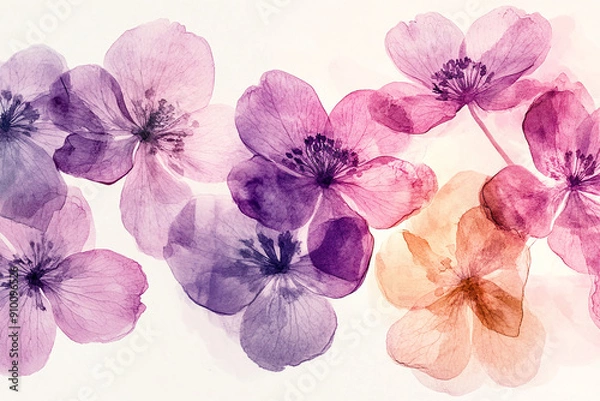 Fototapeta Delicate watercolor flowers in pink and purple hues Water color on white background