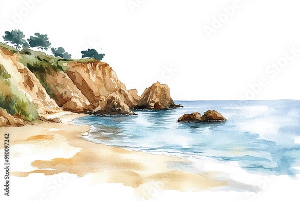 Fototapeta Watercolor illustration of a coastal beach scene Water color on white background