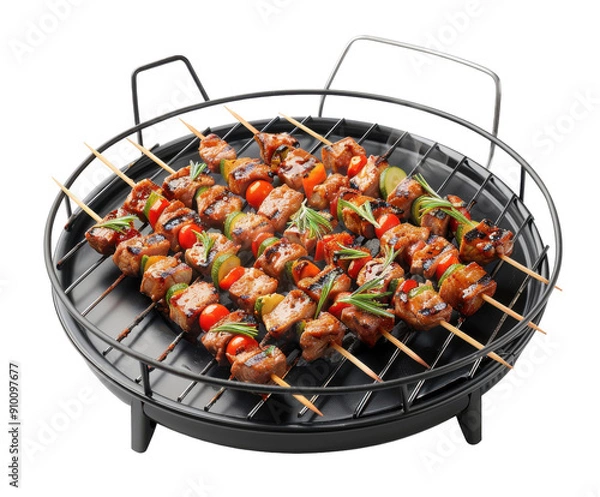 Fototapeta Grilled skewers of meat and vegetables on a round grill. PNG without background