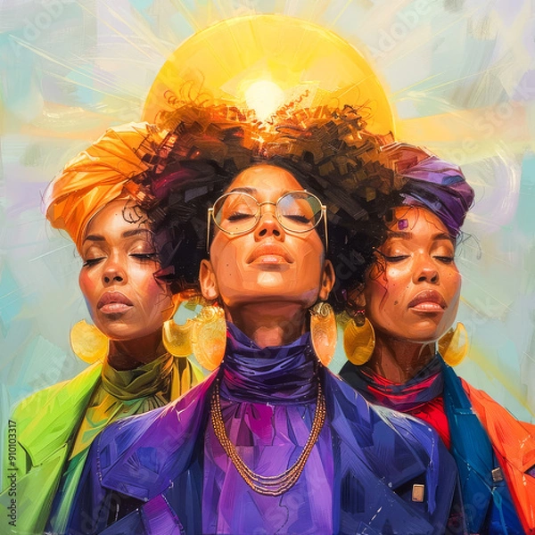 Fototapeta Three Women.  Generated image.  A digital illustration of three women with a pastel background in the style of Feminist art.