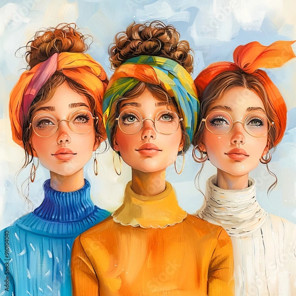 Fototapeta Three Women.  Generated image.  A digital illustration of three women with a pastel background in the style of Feminist art.