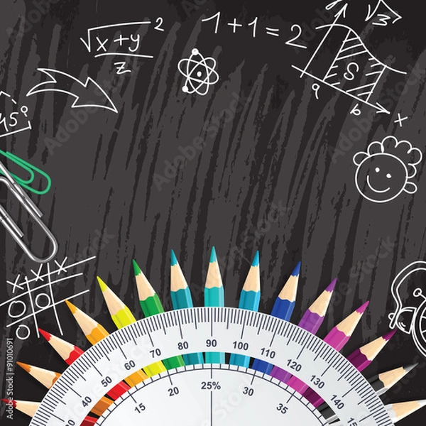 Obraz Creative chalkboard school background with pencils and protracto