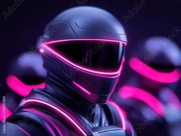 Fototapeta Futuristic figures with LED accessories, exploring mythic space legends, digital activities, neon hues, cyberpunk style