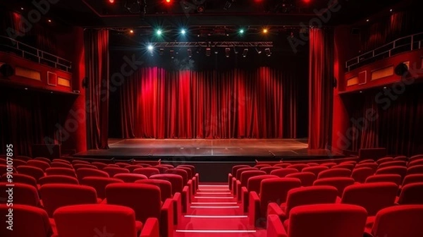 Fototapeta Empty theater seats facing a stage with red curtains.