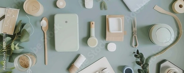 Obraz Flat lay of various objects on a green background.