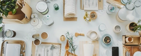 Obraz Flat lay of various objects on a white table.