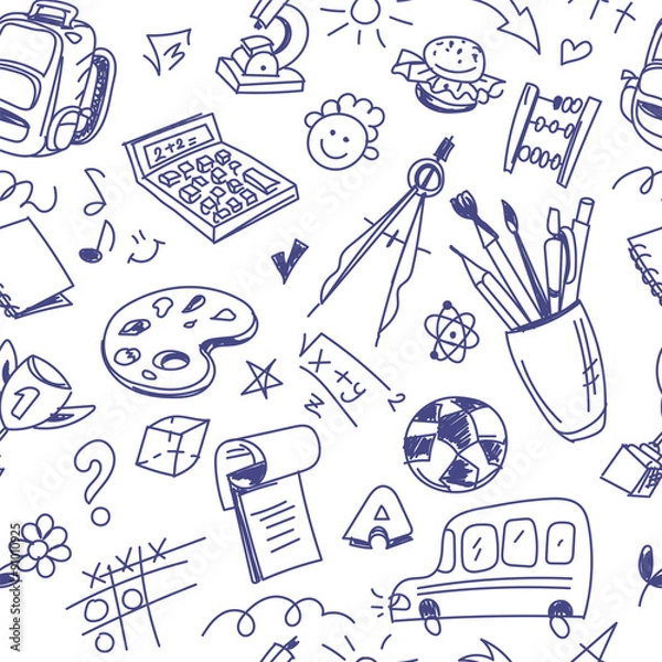 Obraz Creative seamless school pattern with pen drawings on white back