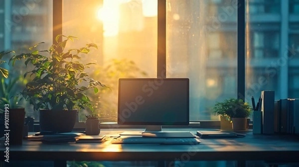 Obraz A serene workspace bathed in warm sunlight, featuring a computer, plants, and a cozy atmosphere, perfect for productivity.