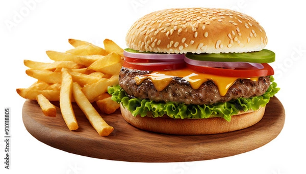 Obraz Big Beef burger with french fries isolated on transparent background, png