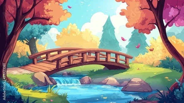 Fototapeta Playful cartoon background of a wooden bridge crossing a stream, with bright and cheerful colors.