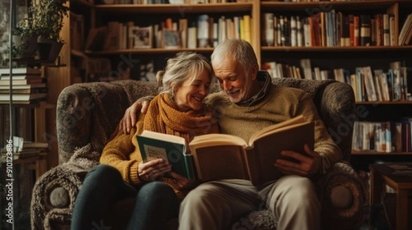 Fototapeta An adult couple sitting comfortably in a cozy library corner reading books together their relaxed postures and the warm inviting atmosphere emphasize the lifelong joy of learning and the shared