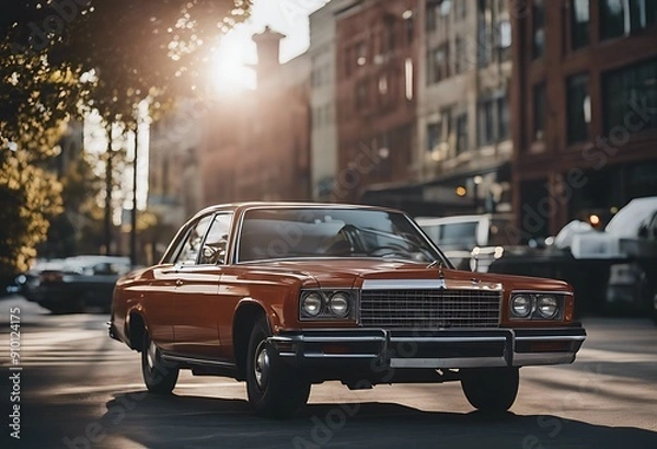 Fototapeta parked downtown car auto sporty vehicle powerful night chicago illinois midwest city urban metropolitan parking street road paved pavement center centre us