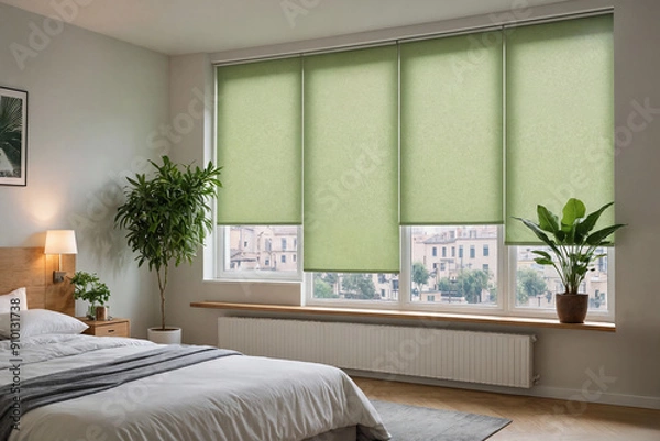 Fototapeta Green blackout roller blind on windows in stylish modern badroom. Shutters on the plastic window.