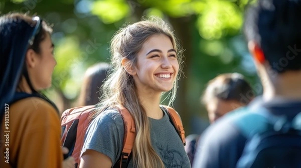 Fototapeta A university campus during a bustling orientation week, with new students exploring, attending events, and meeting new friends, capturing the excitement and nervousness of starting college, the