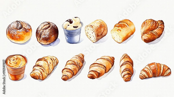 Fototapeta 様々な種類のパン（ロールパン、クロワッサン、ブールなど）を手描きの水彩画風で多数描いたイラスト