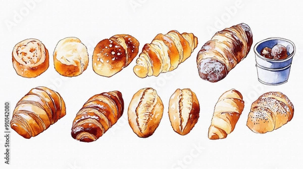 Fototapeta 様々な種類のパン（ロールパン、クロワッサン、ブールなど）を手描きの水彩画風で多数描いたイラスト