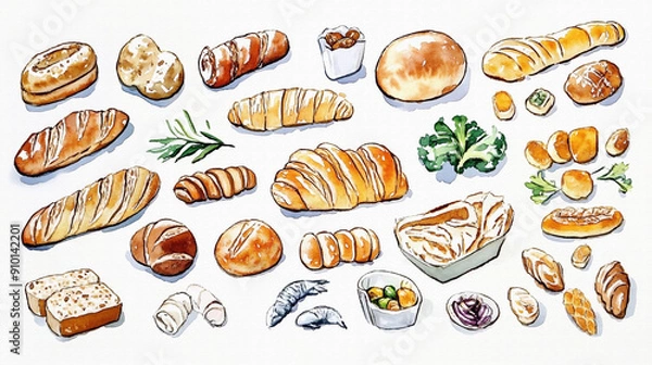 Fototapeta 様々な種類のパン（ロールパン、クロワッサン、ブールなど）、ハーブ等を手描きの水彩画風で多数描いたイラスト