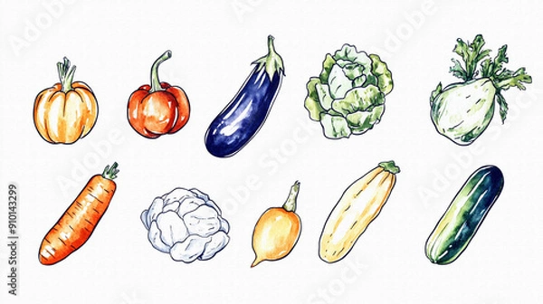 Fototapeta たくさんのおいしそうな野菜（かぼちゃ、トマト、なす、きゅうり、キャベツなど）の手描きで温かみのある水彩画風イラスト