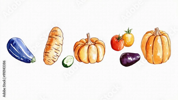 Fototapeta たくさんのおいしそうな野菜（かぼちゃ、トマト、なす、きゅうり、キャベツなど）の手描きで温かみのある水彩画風イラスト