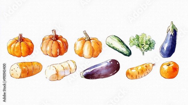 Fototapeta たくさんのおいしそうな野菜（かぼちゃ、トマト、なす、きゅうり、キャベツなど）の手描きで温かみのある水彩画風イラスト