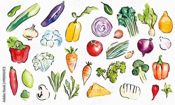 Obraz たくさんのおいしそうな野菜（かぼちゃ、トマト、なす、きゅうり、キャベツなど）の手描きで温かみのある水彩画風イラスト
