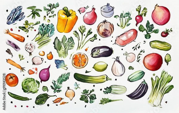 Fototapeta たくさんのおいしそうな野菜（かぼちゃ、トマト、なす、きゅうり、キャベツなど）の手描きで温かみのある水彩画風イラスト