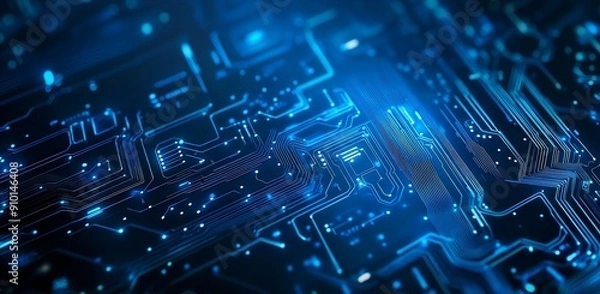 Fototapeta Blue background with a digital circuit board pattern, technology concept banner design 