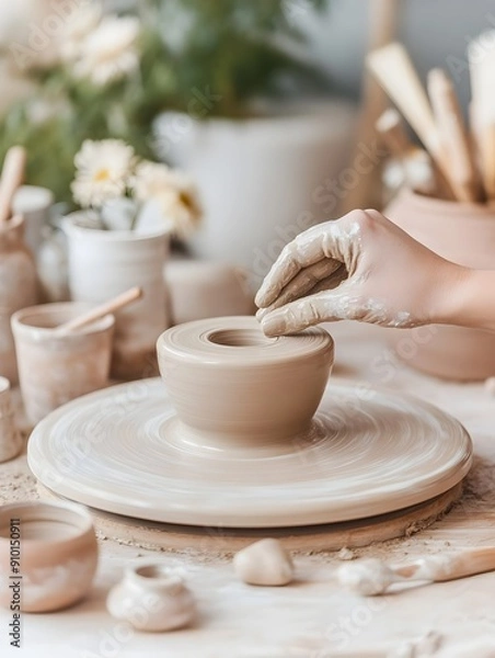 Fototapeta Artisan Potter Shaping Clay on Spinning Wheel in Rustic Pottery Studio