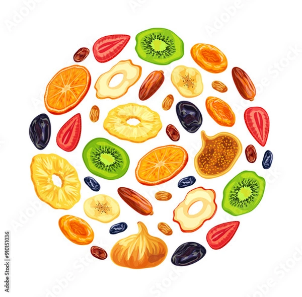 Obraz Dried fruits in the shape of a circle in a cartoon style. Vector illustrations:pineapple,dried apricots,raisins,apples,kiwi,orange,strawberry, banana, prune, fig, date isolated on white background.