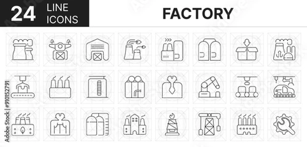 Fototapeta Collection of 24 factor line icons featuring editable strokes. These outline icons depict various modes of factory, industry, plant, manufacture, production, icon set, line, construction, engineering,