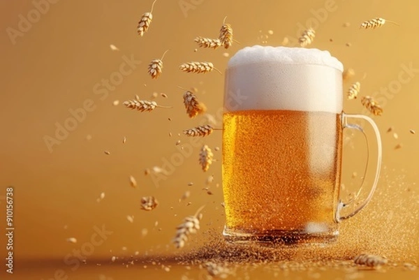 Fototapeta Oktoberfest Bavarian beer mug with a realistic frothy top, surrounded by falling hops and barley, all against a minimal background with space for text, minimal with copy space 