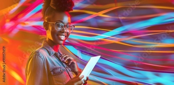 Fototapeta Smiling Woman with Tablet Against Colorful Background. Generative ai