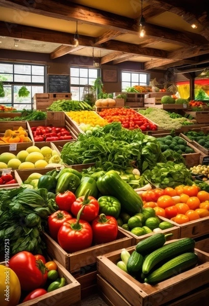 Fototapeta colorful arrangement fresh produce featuring bright varied lush vegetables market setting, greens, spices, fruits, herbs, display, organic, natural, food