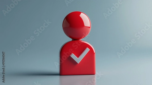 Fototapeta A red icon of a person with a white checkmark on a gray background, symbolizing approval, verification, and positive identification.