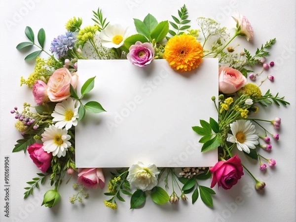 Fototapeta Delicate, colorful flowers and lush greenery entwine a crisp, blank white sheet of paper, creating a serene and elegant atmosphere perfect for writing or design.