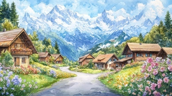 Fototapeta A serene landscape featuring quaint houses nestled among vibrant flowers with majestic mountains in the background.