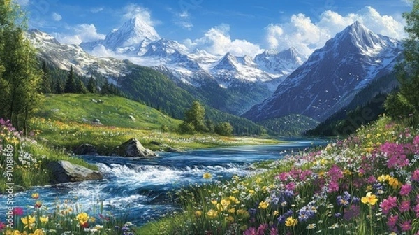 Fototapeta Breathtaking Alpine Landscape with Vibrant Wildflowers and Snow-Capped Mountains