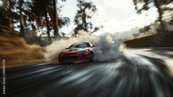 Fototapeta A red sports car skillfully drifts on a winding road, leaving clouds of tire smoke as sunlight filters through surrounding trees.
