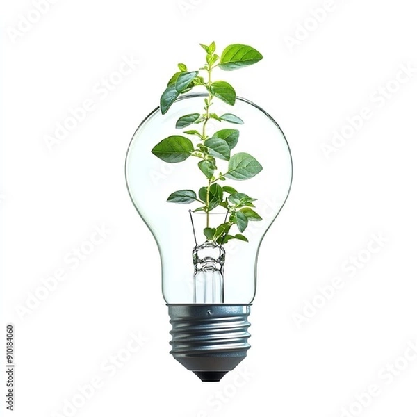 Fototapeta Innovative Green Concept, Light Bulb with Sprouting Plant, Symbolizing Growth and Creativity, Isolated on White Background, PNG Style
