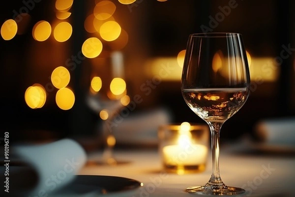 Fototapeta Romantic Valentine's Day Dinner Setting with Candles and Wine Glasses, Bokeh Effect, Wide Depth of Field, Sony FE 24mm f/5.6 and 30mm Lens at F8