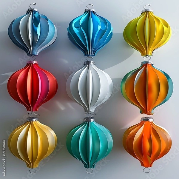 Fototapeta A collection of colorful paper ornaments arranged in a festive pattern for holiday decor..