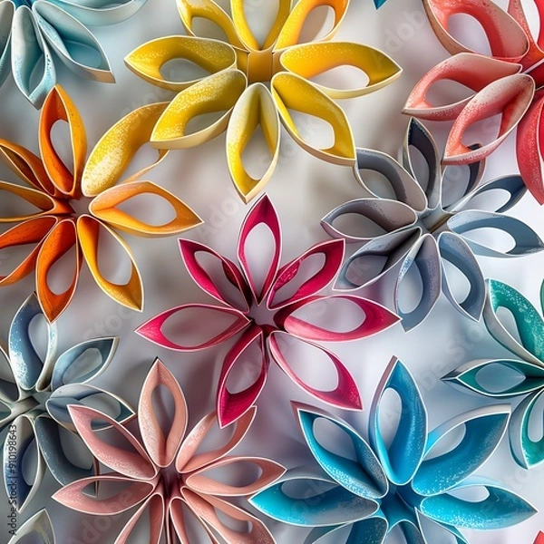 Fototapeta An array of vibrant paper ornaments arranged in a festive decor pattern..