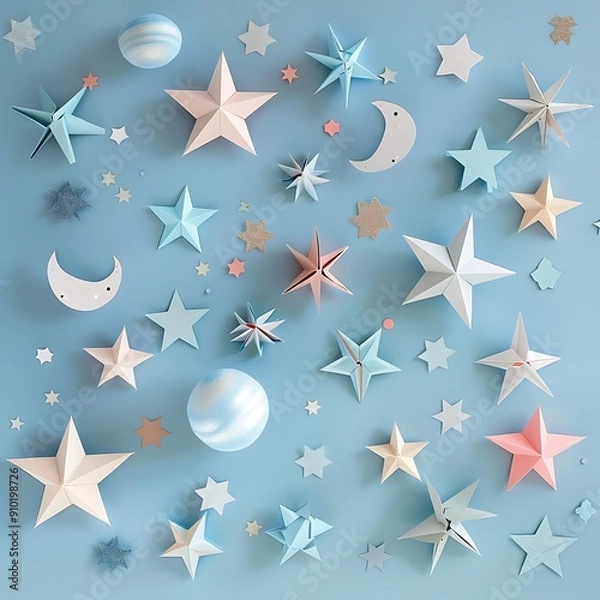 Fototapeta Paper stars and planets in a delicate cosmic design for festive decorations..