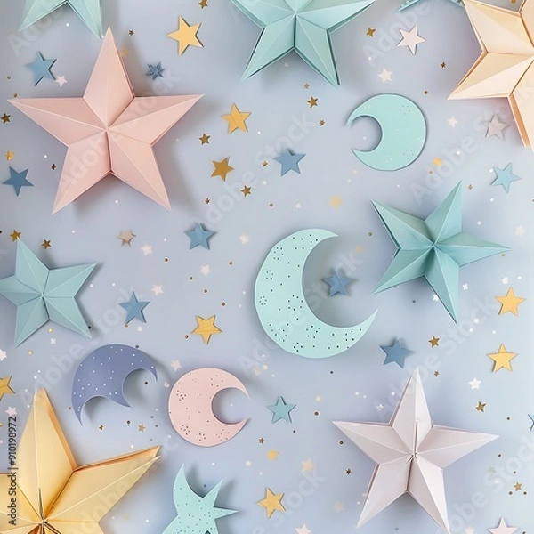 Fototapeta A celestial motif of delicate paper stars and moons, ideal for adding a touch of magic to festive decor.